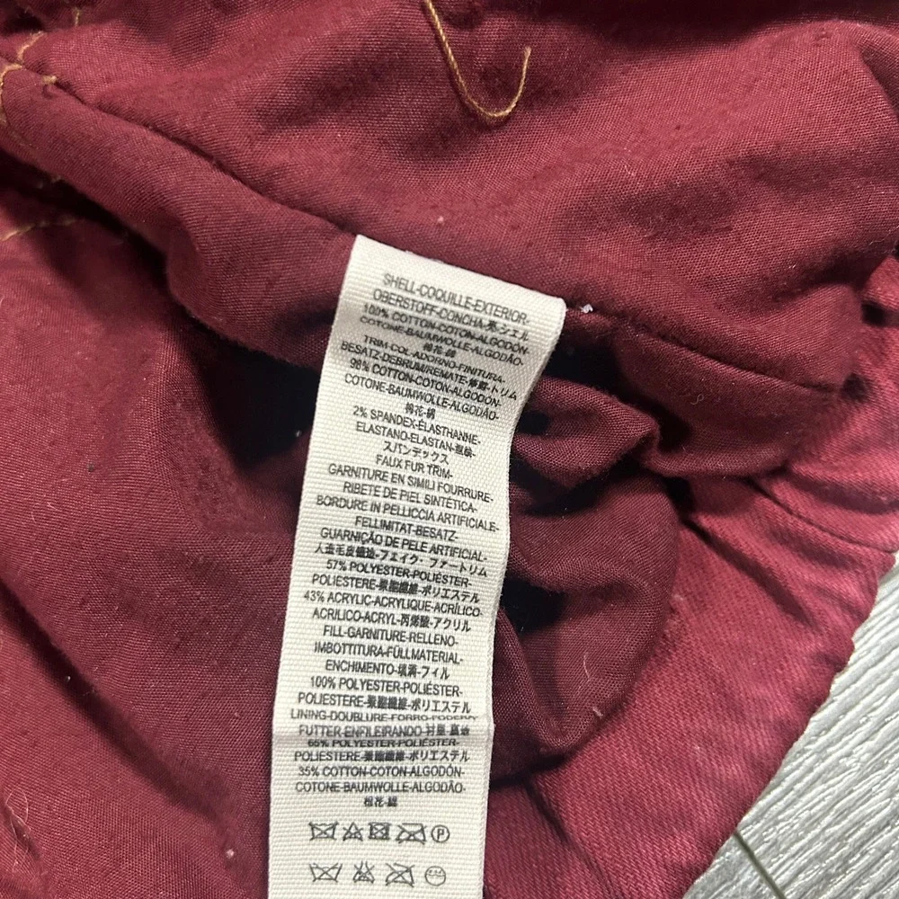 Free People Owen Sherpa Denim Jacket Wine Burgundy Faux Fur Trim OB822073 Size M - Picture 7 of 8